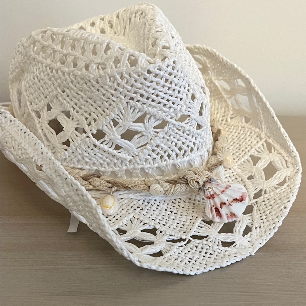 White Crochet Cowboy Hat with Shell Accents